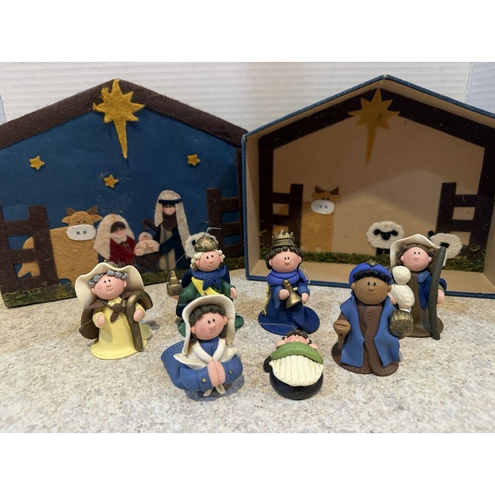Handmade Nativity Ornament Set 7pc w/ Felt Stable Boxes Wise Men Mary BAF 2004